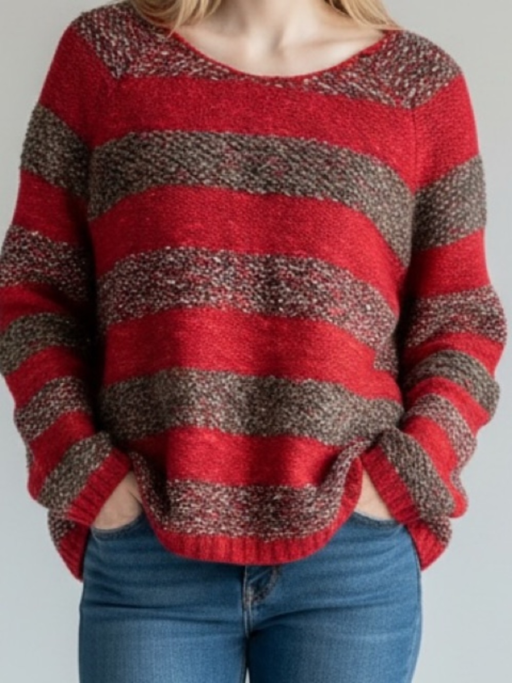 Free People Small Red & Gray Striped Wool Silk Blend Marled Oversized Sweater